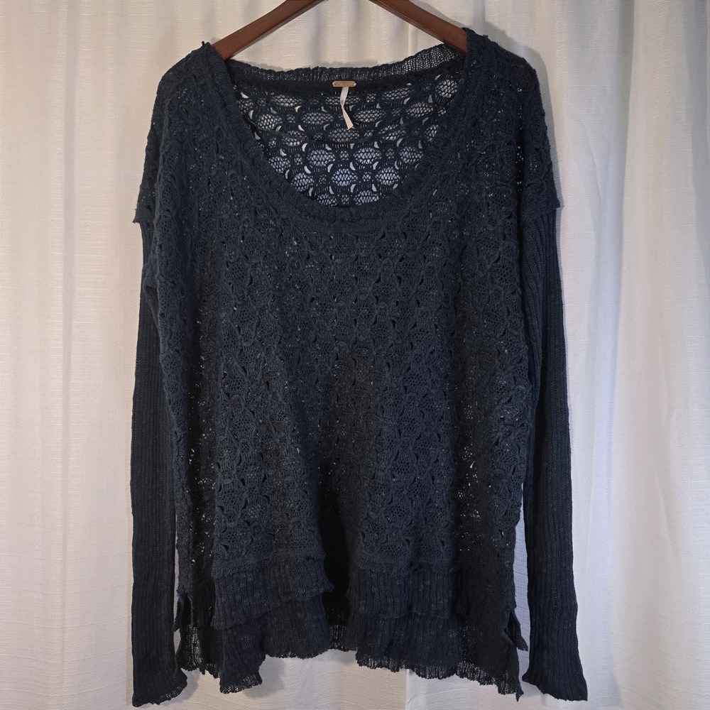 Free‎ People Navy Blue Lace Knit Sweater Crochet Boho Festival Long Sleeve